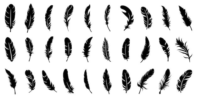 Iconos de plumas Conjunto de iconos de plumas negras aisladas Siluetas de plumas
