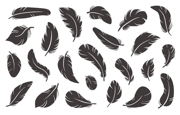 Iconos de plumas Siluetas de plumaje negro Elementos de pájaros de diferentes formas Plumaje suave y esponjoso Suavemente y doble penacho ligero Pluma de escribir Estilo simple Juego de plumas vectoriales