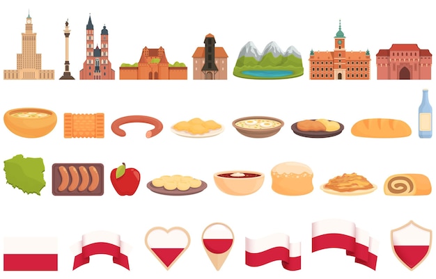 Iconos de Polonia establecer vector de dibujos animados País de alimentos