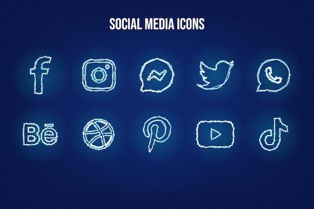 Vector iconos populares de logotipos de redes sociales con efectos de luz