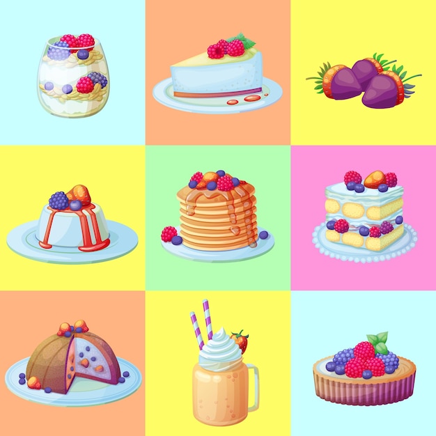 Iconos de postre de colores vivos establecidos en la ilustración de vector de fondo loco brillante