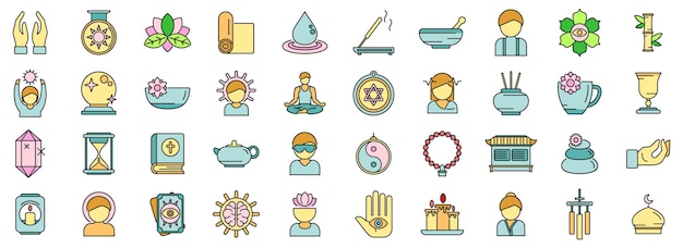 Los íconos de prácticas espirituales establecen una línea de color vectorial