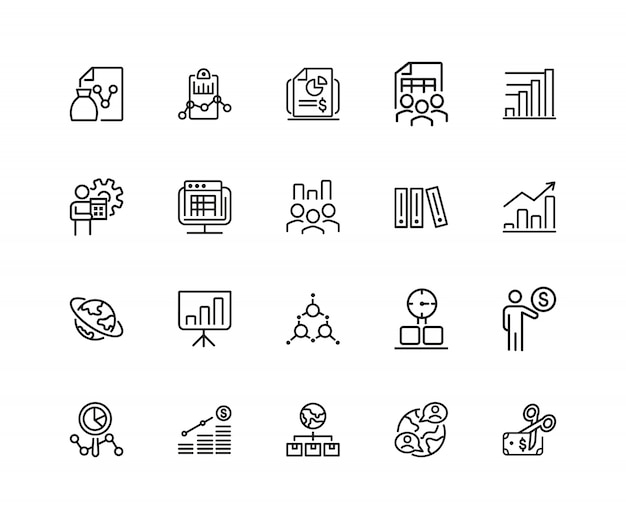 Iconos de presentación. Conjunto de iconos de veinte líneas. Informe, investigación, diagrama.