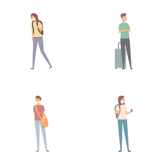Los iconos de prevención del coronavirus establecen el vector de dibujos animados Turista con máscara de protección facial