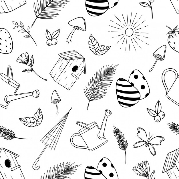Iconos de primavera en patrones sin fisuras con doodle o estilo dibujado a mano