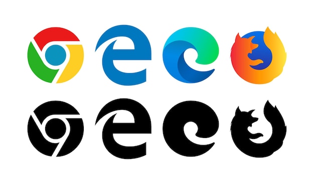 Iconos de los principales navegadores Google Chrome Explorer Edge Los logotipos del navegador Mozilla en color y negro Los logos del navegador editorial Los iconos vectoriales