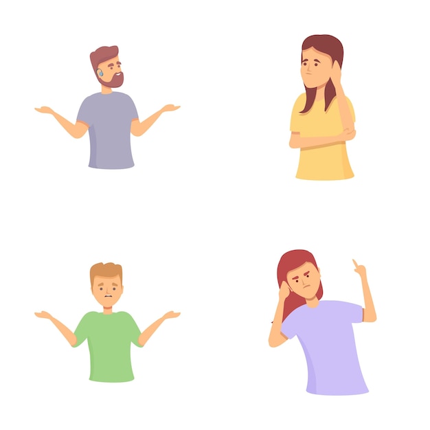 Iconos de problemas auditivos conjuntos de vectores de dibujos animados personas sordas con problemas auditivos