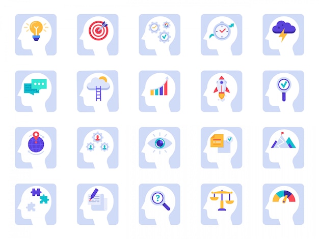 Iconos de proceso de pensamiento cerebral. Idea de negocio, solución de éxito en conjunto de iconos de psicología de cabeza de empresario y cerebro humano