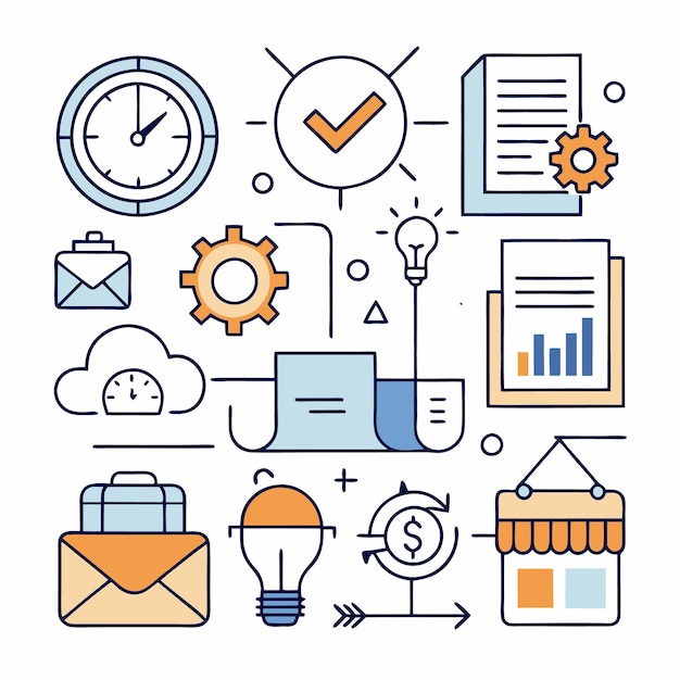 Iconos de procesos de negocio, incluidos engranajes de tiempo, documentos, correo electrónico, bombilla, nube, marca de comprobación, maletín y dinero