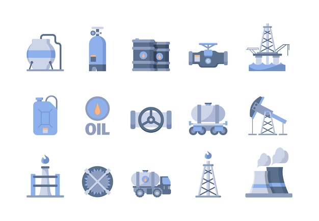 Iconos de producción de petróleo y gas. la fábrica de tuberías de refinería de extracción de petróleo azul de exploración de la naturaleza y la torre de tanques de transporte exuda símbolos vectoriales llamativos de energía natural. ilustración de la industria del combustible de gas