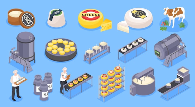 Vector iconos de producción de queso isométrico