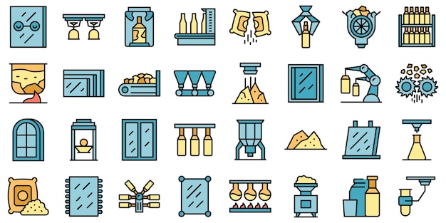 Iconos de producción de vidrio establecer vector plano