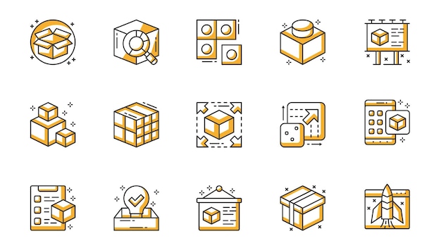 Iconos de productos abstractos configurados en diseño de trazos de contorno para la web Pictogramas de línea de paquete con caja Módulo de investigación de paquete Componente Presentación publicitaria artículo escalable otro Ilustración vectorial