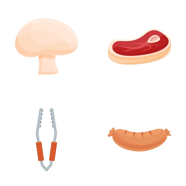 Iconos de productos de barbacoa conjunto vector de dibujos animados herramienta de barbacoa y comida a la parrilla