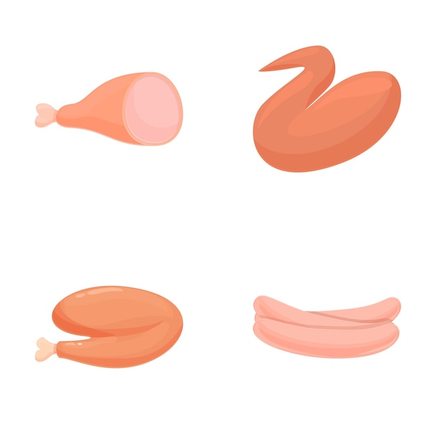 Iconos de productos de carne conjuntos de vectores de dibujos animados Diferentes tipos de alimentos de carne