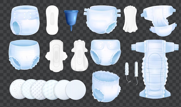Iconos de productos de higiene realistas con paquetes desechables y copa menstrual sobre fondo transparente ilustración vectorial aislada