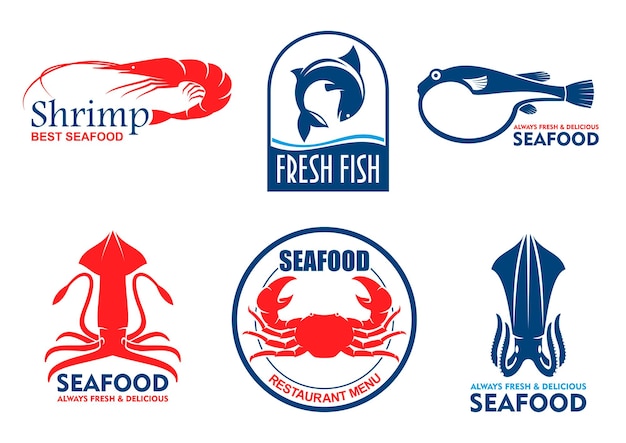 Iconos de productos de mariscos y pescados