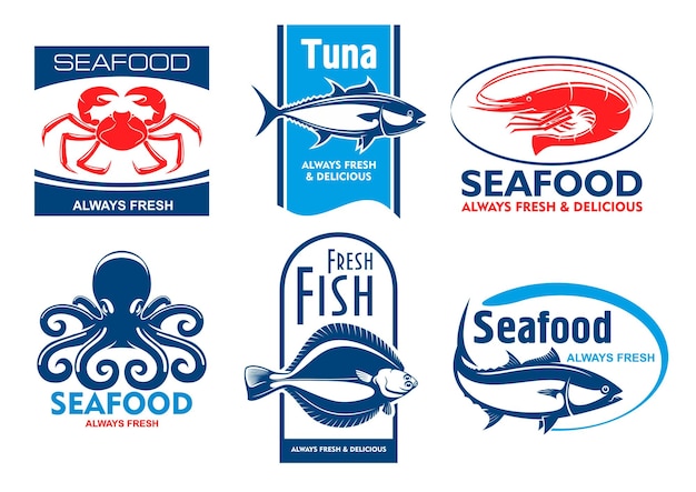 Vector iconos de productos y restaurante de mariscos