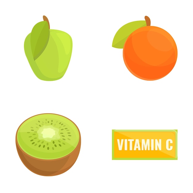 Vector iconos de productos vitamínicos conjuntos de vectores de dibujos animados frutas enriquecidas con ácido ascórbico