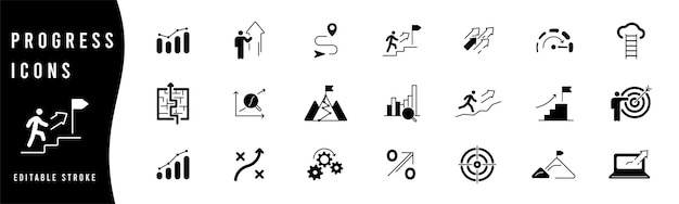 Iconos de progreso empresarial Conjunto de iconos de crecimiento Ilustración de icono lineal de éxito