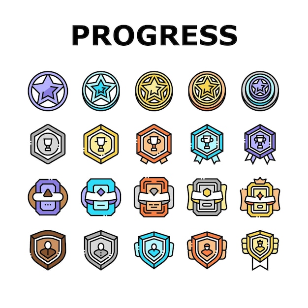 Iconos de progreso del juego Premio y medalla Set Vector