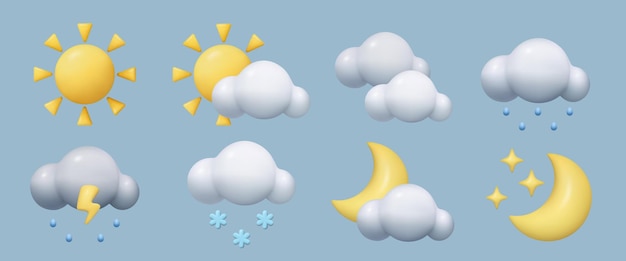 Los iconos de pronóstico del tiempo D establecen elementos de diseño de cielo de vector tridimensional de juguete lindo mínimo