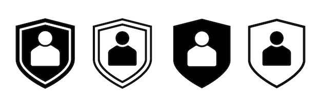 Iconos de protección de usuario Establezca el perfil de seguridad Símbolo Insignia de seguridad personal en estilo plano Cuenta de protección de privacidad Emblema de defensa de datos Elemento de interfaz de usuario Ilustración vectorial en blanco y negro