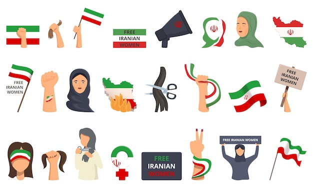 Iconos de protestas de Irán establecen vector de dibujos animados Bandera de mujer