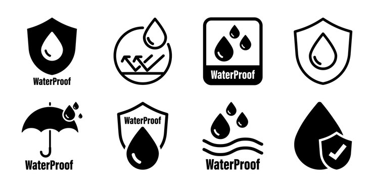 Vector iconos a prueba de agua water proof colección de letreros resistentes al agua protección contra el agua protección a prueba de líquidos escudo con gota de agua material antihumedad protección de la superficie de tela hidrofóbica