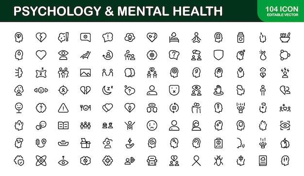 Iconos de psicología y salud mental Establecen iconos esenciales para la terapia, el asesoramiento y el bienestar mental