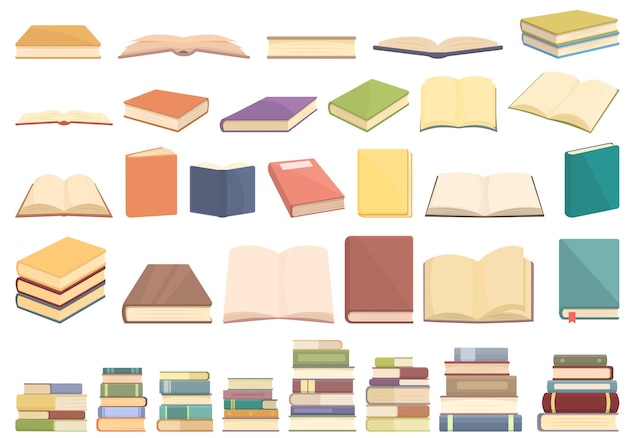 Iconos de publicación de libros establecer vector de dibujos animados Biblioteca escolar