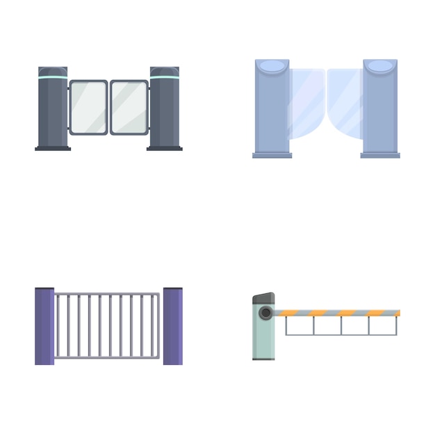 Iconos de puerta conjunto vector de dibujos animados Varios tipos de puerta automática y torniquete