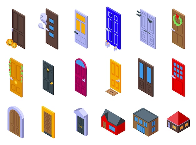 Iconos de la puerta principal de la casa de noche conjunto de vector isométrico Fuera de la casa Mansión de entrada