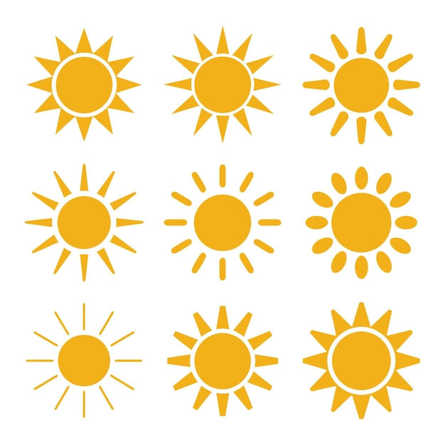 Iconos de puesta de sol Íconos de sol amarillos Icones de rayos de sol brillantes Colección de iconos de puesta del sol