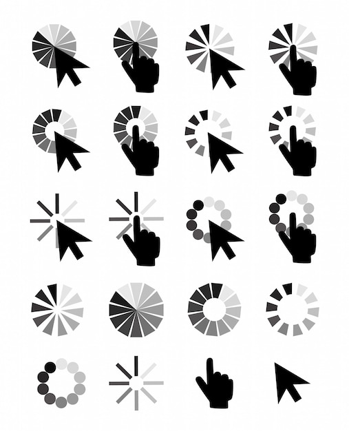 Iconos de puntero cursores: flecha de la mano del ratón. Punteros de computadora, clic de cursor de internet.