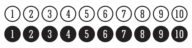 Iconos de puntos de bala configurados en números redondos simples estilo de línea en estilo plano conjunto de 1 a 10