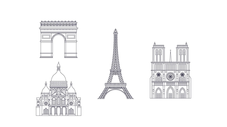 Vector iconos de puntos de referencia de viaje de la ilustración vectorial de la línea de parís