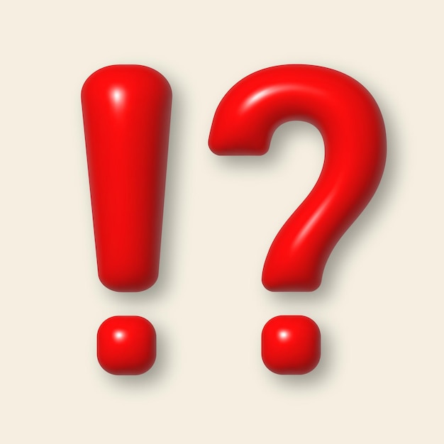 Iconos de puntuación 3d Exclamación roja y signos de interrogación elemento de diseño de vector de dibujos animados 3d