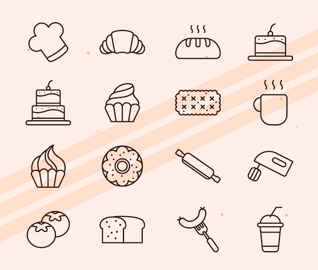 Iconos que ilustran pasteles, postres y artículos de panadería