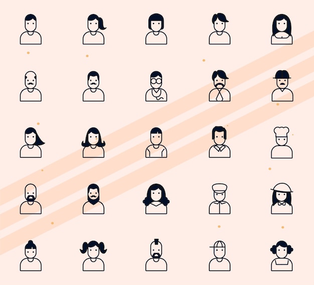 Iconos que ilustran a personas en varios roles y actividades adecuados para la comunidad empresarial y humana