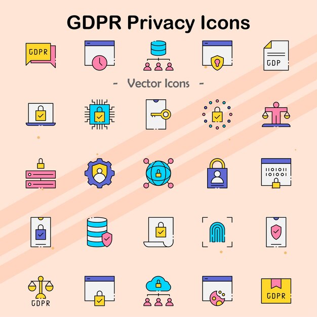 Iconos que ilustran las regulaciones de privacidad del RGPD y el cumplimiento de la protección de datos