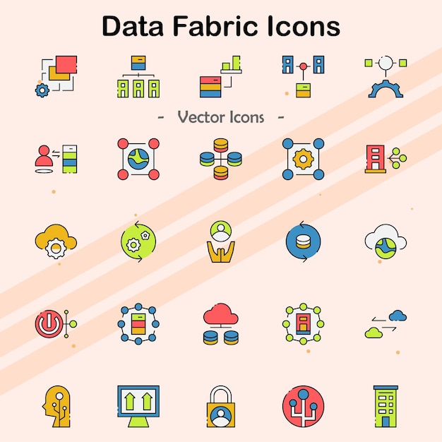 Iconos que ilustran la tecnología de la tela de datos y la integración digital
