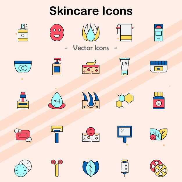 Iconos que muestran productos para el cuidado de la piel y rutinas de belleza