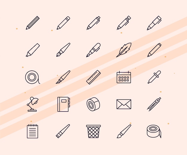 Iconos que representan artículos de papelería de oficina como cuadernos, borradores y clips perfectos para la educación de la oficina