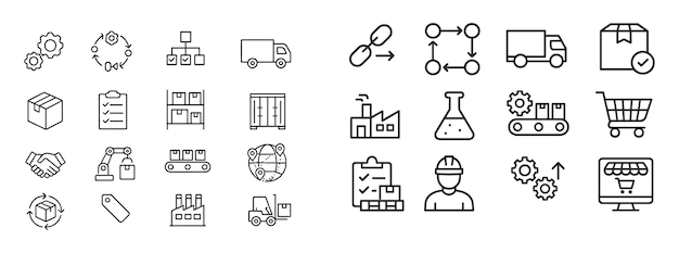 Iconos que representan la cadena de suministro logística y los procesos de producción en un formato de diseño simplificado para una fácil comprensión