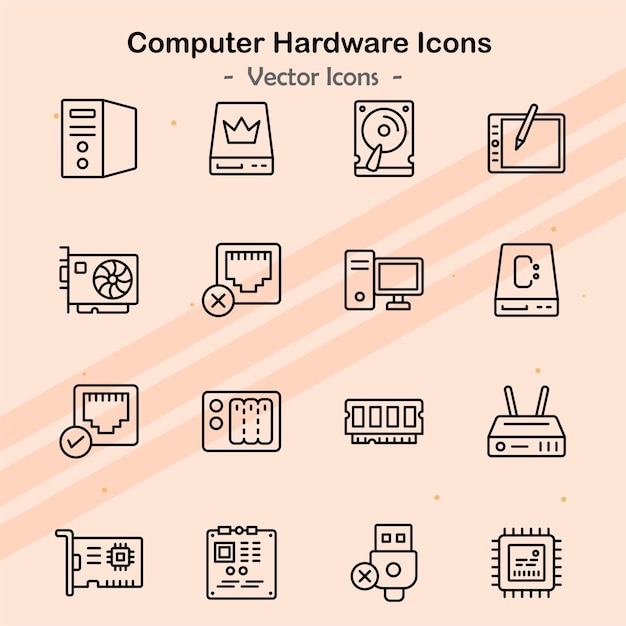 Iconos que representan componentes esenciales del hardware de la computadora