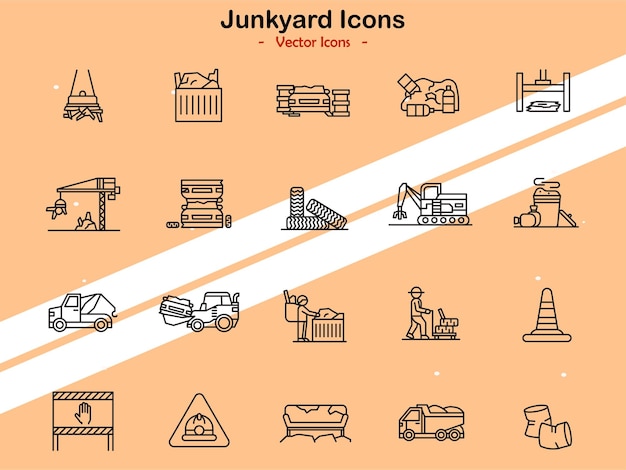 Iconos que representan elementos del depósito de chatarra y temas de reciclaje