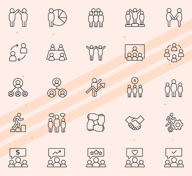 Iconos que representan elementos de trabajo en equipo como manos y engranajes de colaboración perfectos para el liderazgo empresarial