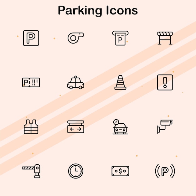 Iconos que representan estacionamientos, vehículos y símbolos relacionados con el estacionamiento