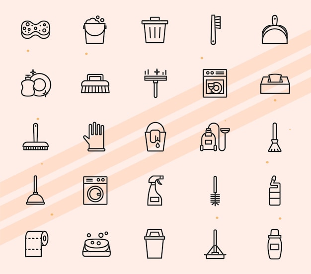 Iconos que representan herramientas de limpieza y artículos para el hogar